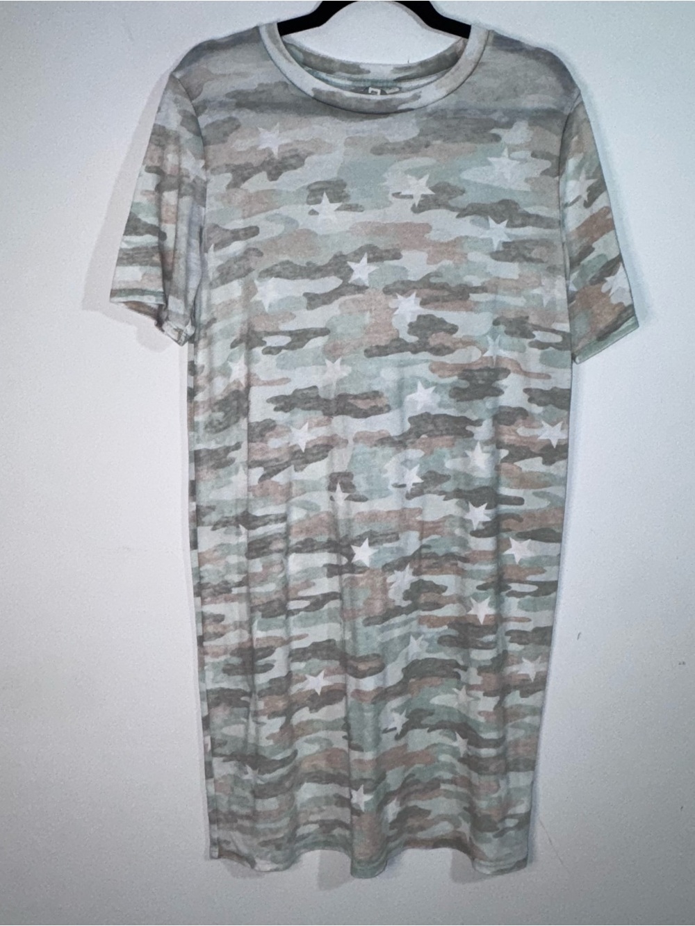 Lucky Brand Camo Star T Shirt Dress Medium Green Short Sleeve Midi Casual